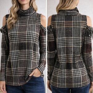 143 Story plaid turtleneck cold shoulder long sleeve top small